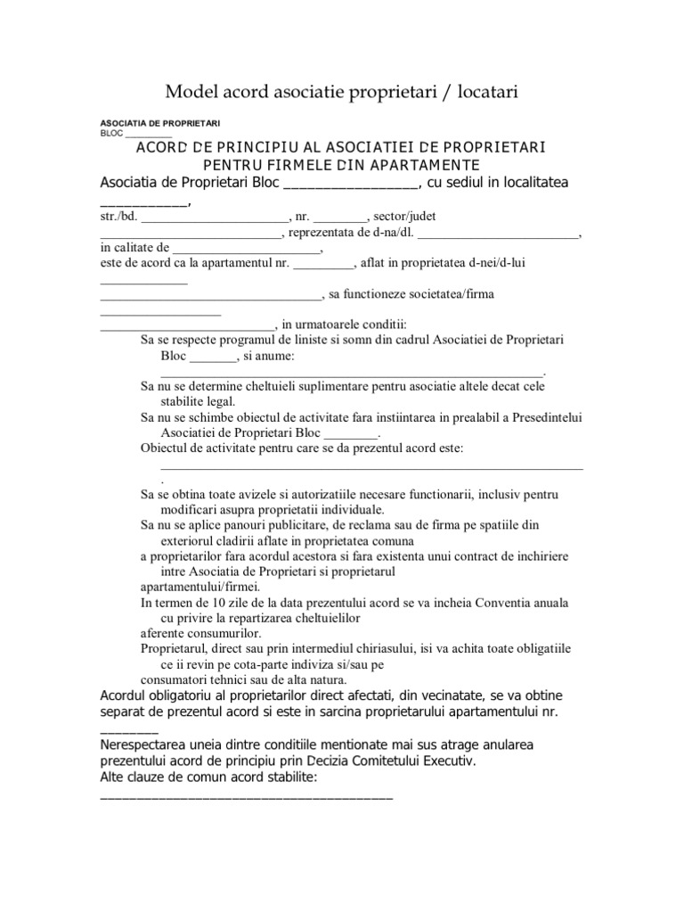 Acord asociatie proprietari model