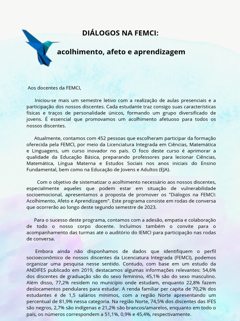 Diálogos na FEMCI: Acolhimento e Aprendizagem | PDF | Educação à ...