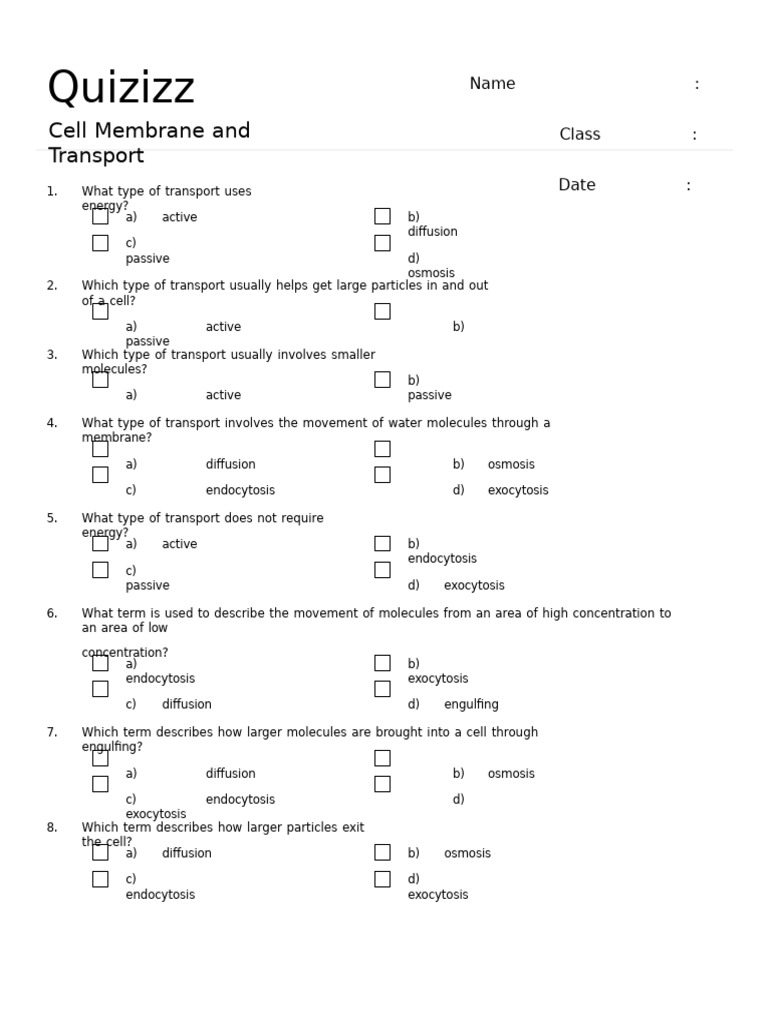 Cell Transport Formative Assessment | PDF | Osmosis | Cell Membrane