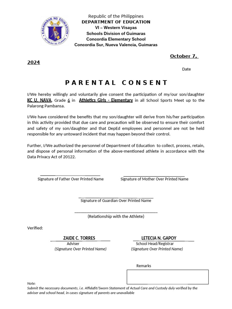 Parental Consent for Sports Participation | PDF | Affidavit | Social ...