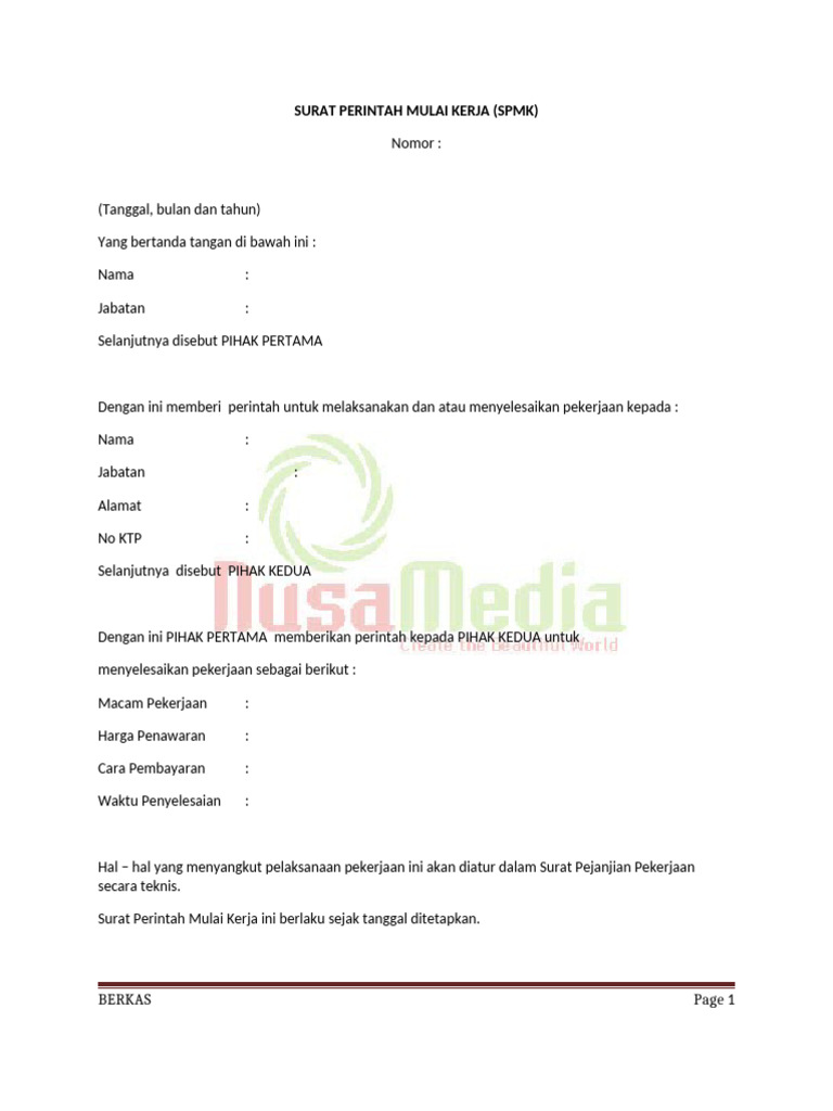 Surat Perintah Mulai Kerja (SPMK) | PDF | Karier & Perkembangan ...