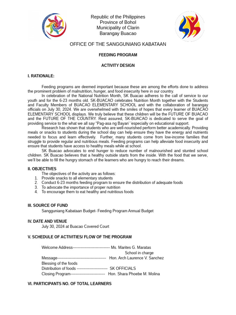 SK Buacao Feeding Program Proposal | PDF | Malnutrition | Food Security