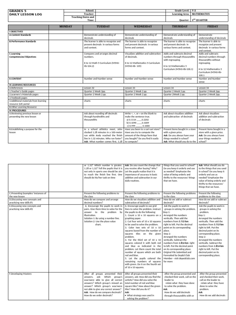 5th Grade Daily Math Lesson Plan | PDF | Numbers | Curriculum