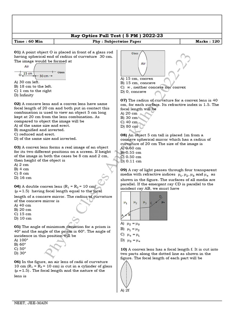 Ray Optics Full Test 5 PM Paper | PDF | Optics | Electromagnetic Radiation
