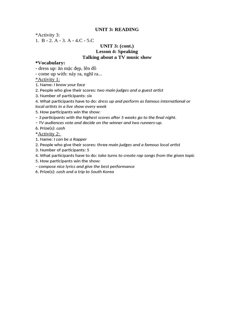 TV Music Show Activities and Vocabulary | PDF | Language Arts ...
