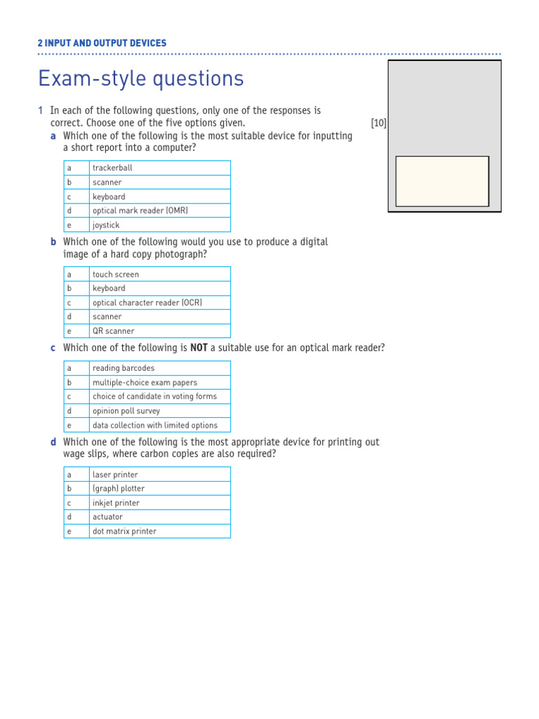 Exam Questions on Input/Output Devices | PDF | Printer (Computing ...