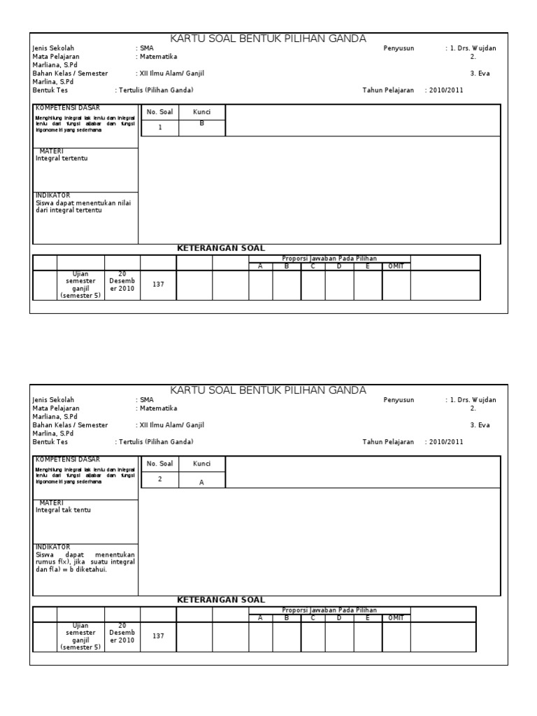 Kartu Soal Bentuk Pilihan Ganda Matematika Kelas Xii Semester Ganjil Pdf