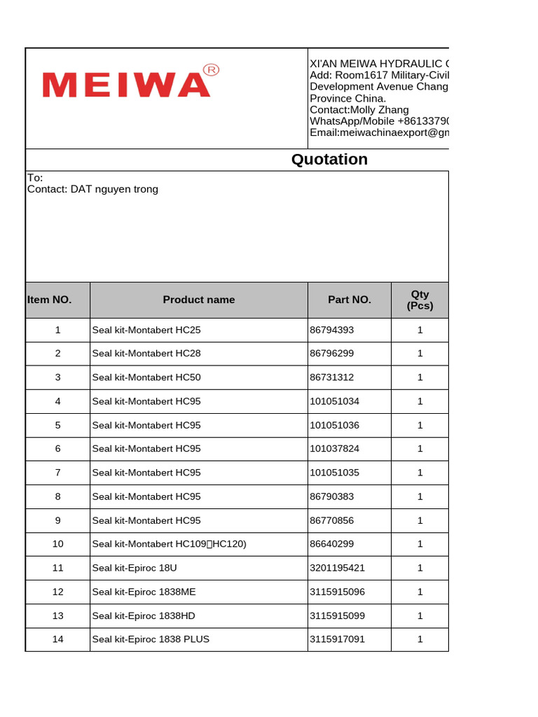 Montabert & Epiroc Seal Kit Quotation | PDF