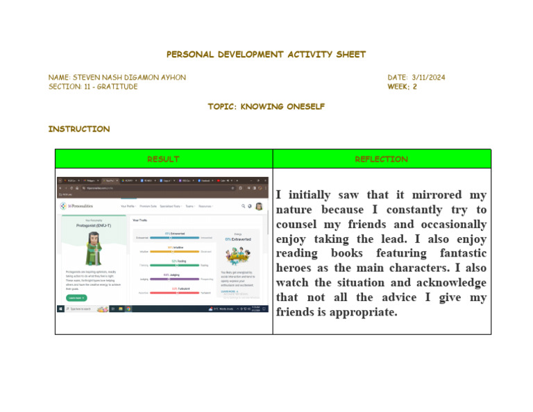 Self-Discovery Reflection Sheet | PDF