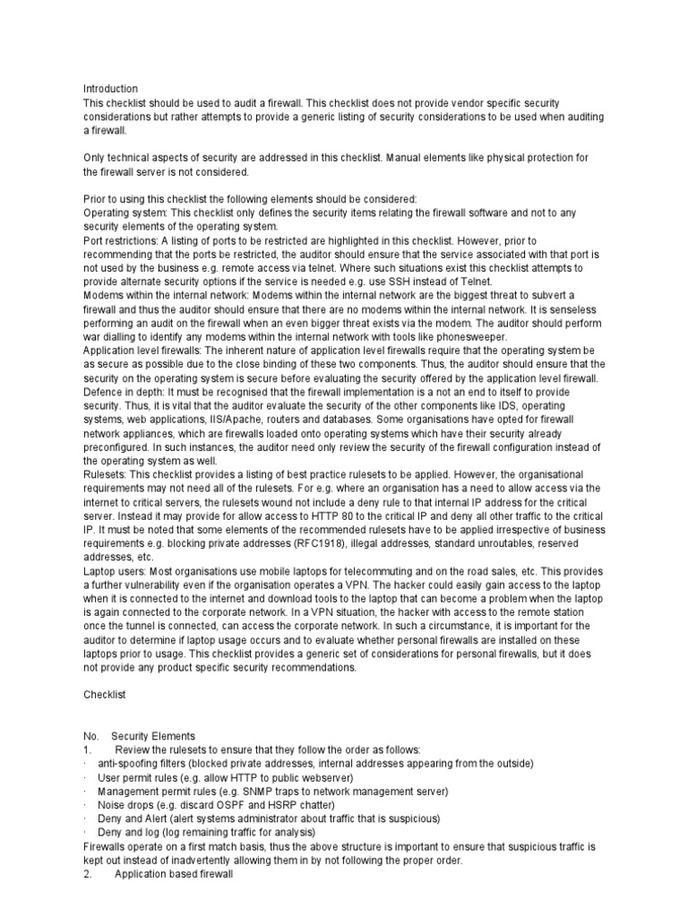Firewall Checklist Sample Pdf Firewall Computing File