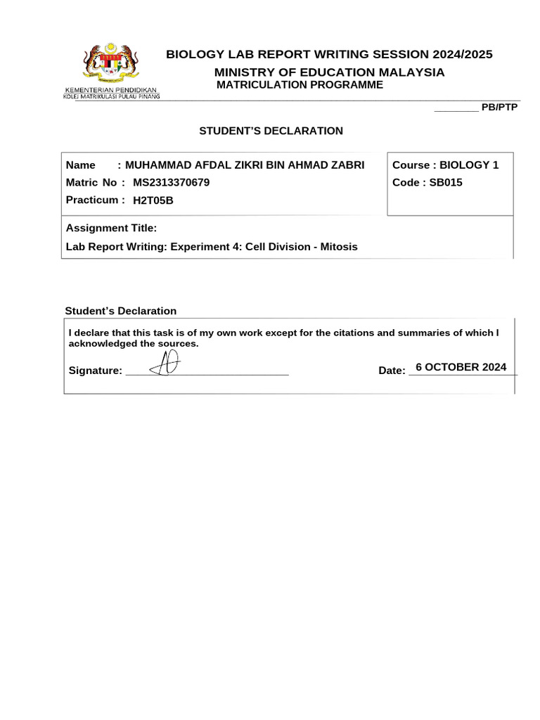 Biology Lab Report: Mitosis 2024/25 | PDF