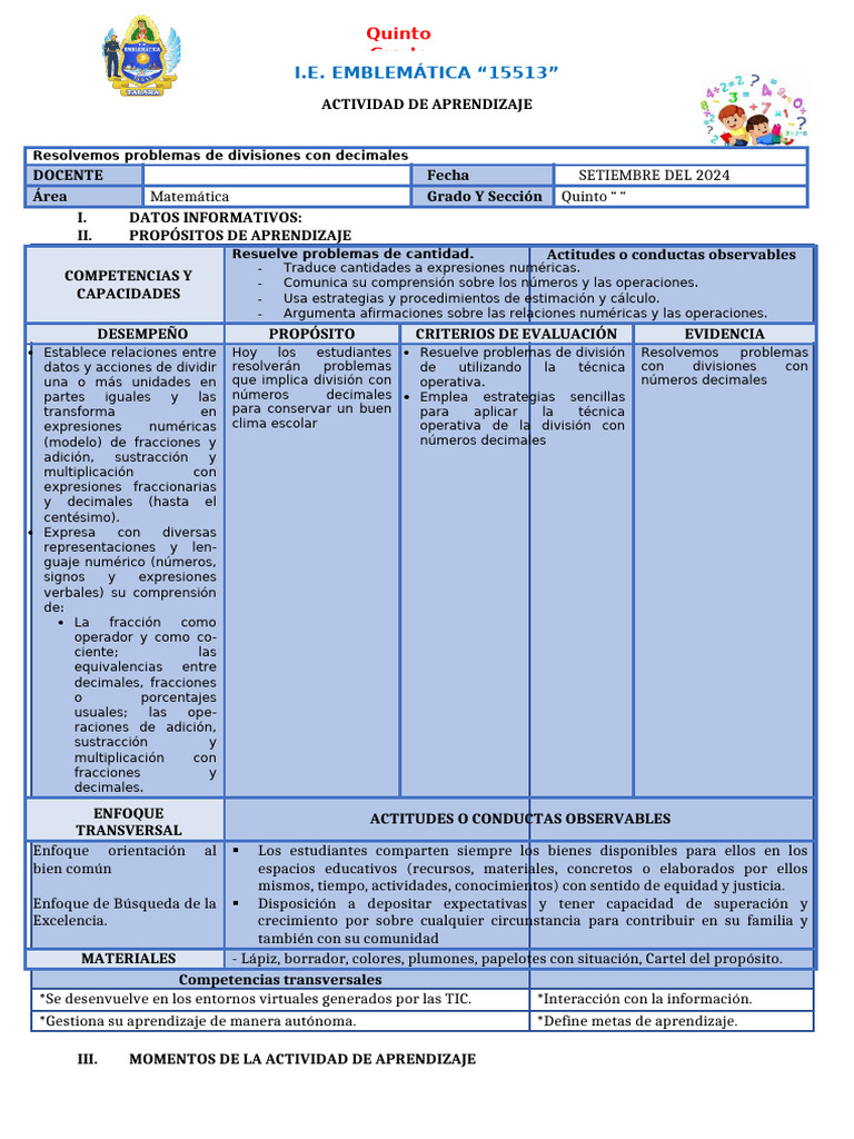 Resolución de Divisiones Decimales 5° Grado | PDF | División ...