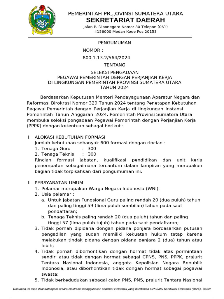 Pengumuman Seleksi Pengadaan PPPK Tahun 2024 | PDF