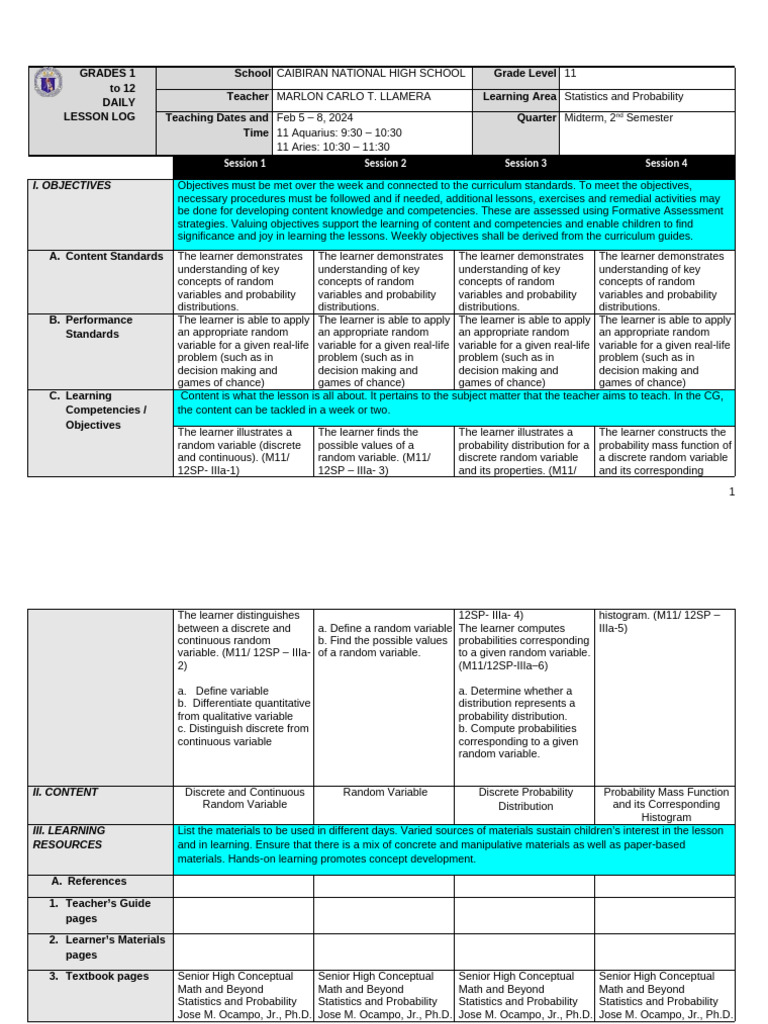 Statistics and Probability WEEK 1 DLL | PDF | Probability Distribution ...
