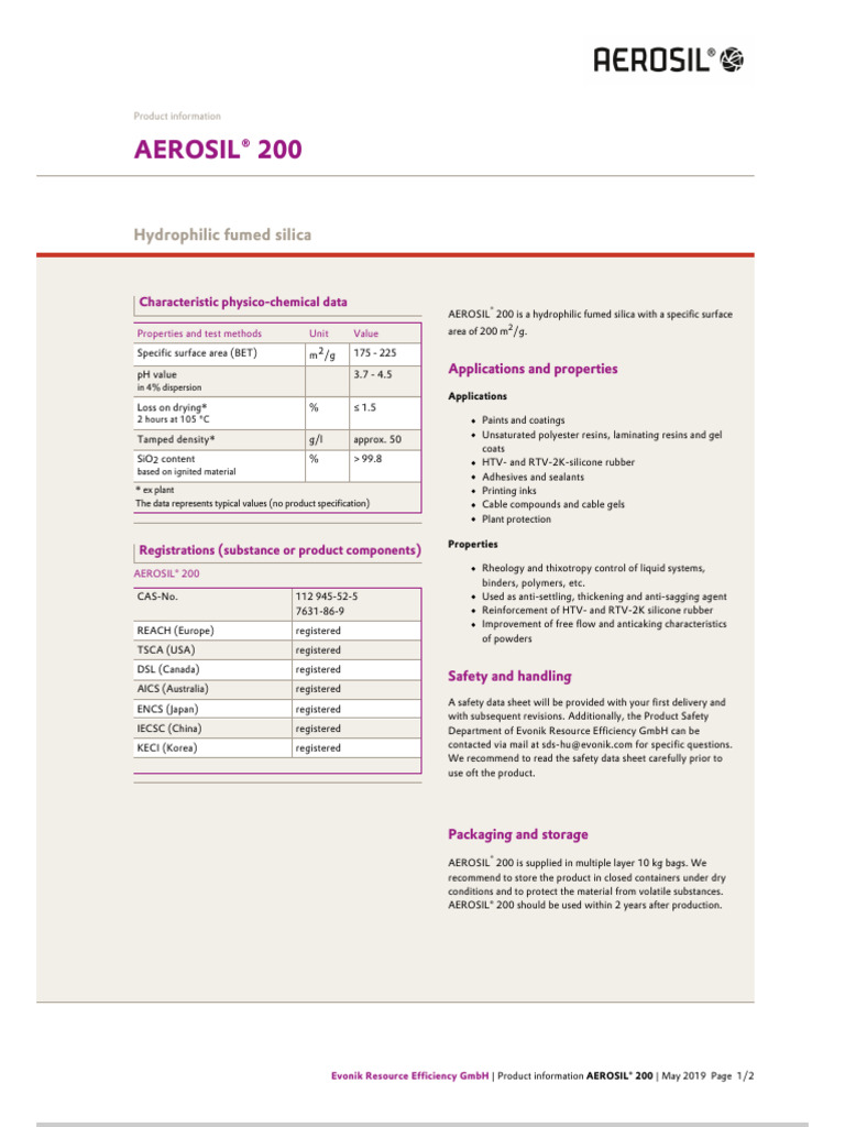 AEROSIL® 200 Technical Data Sheet | PDF | Materials | Chemical Substances