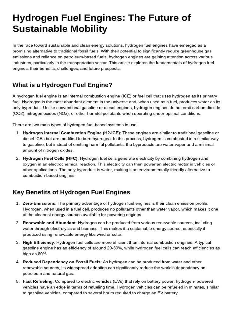 Hydrogen Fuel Engine Overview | PDF | Hydrogen Economy | Engines