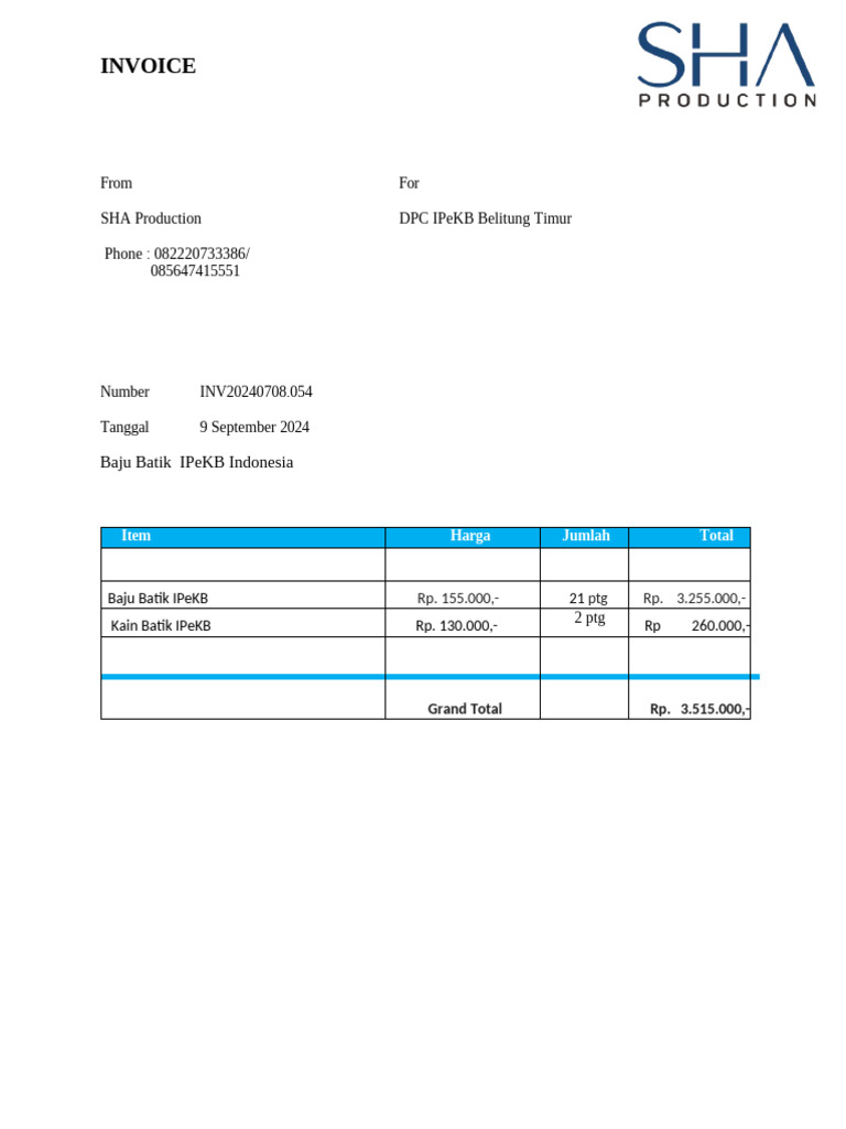Invoice for Batik IPeKB Products | PDF