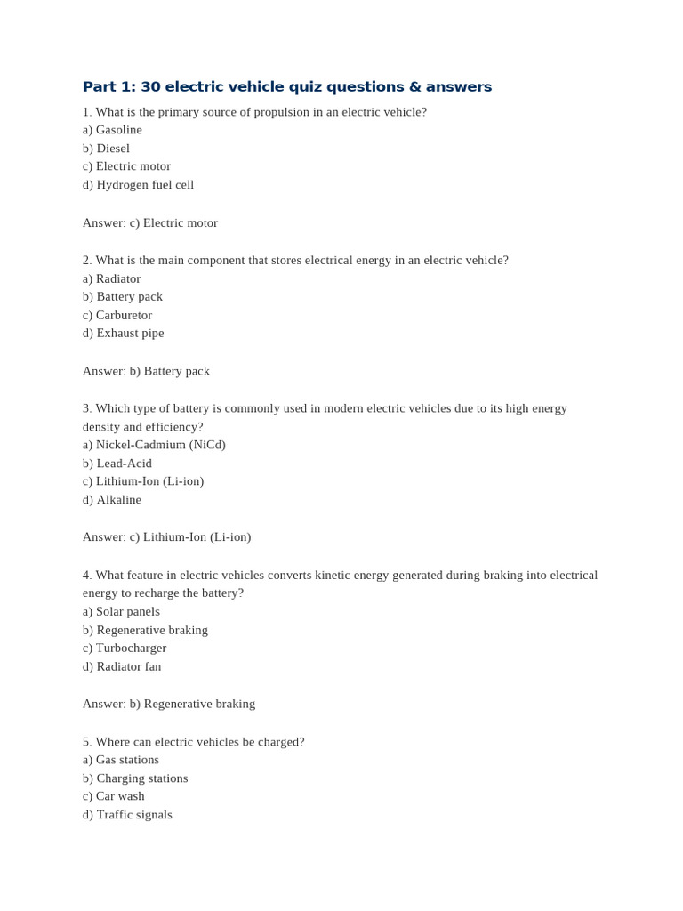Electric Vehicle Quiz: 30 Q&A | PDF | Electric Vehicle | Plug In Hybrid