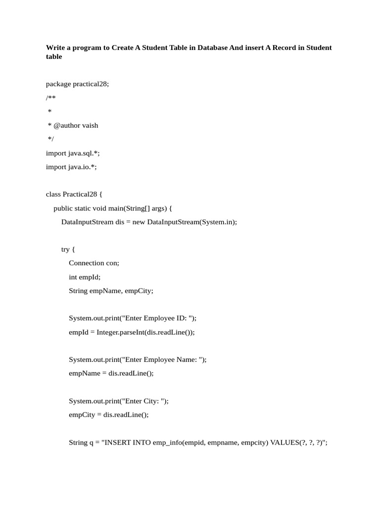 Write A Program To Create A Student Table in Database and Insert A ...