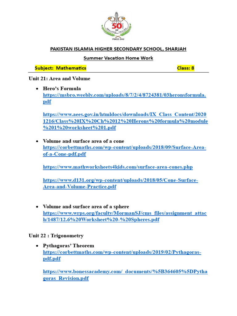 Class 8 Summer Math Homework Guide | PDF | Trigonometry | Area
