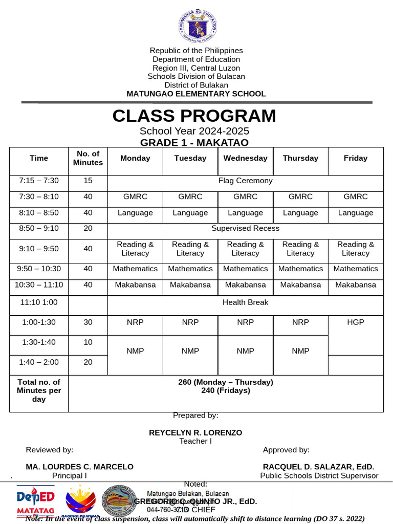 GR1 Class Teachers Program 24 25 | PDF | Schools | Cognition