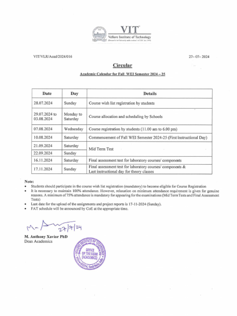 Academic Calendar For Fall WEI Semester 2024 - 25 | PDF