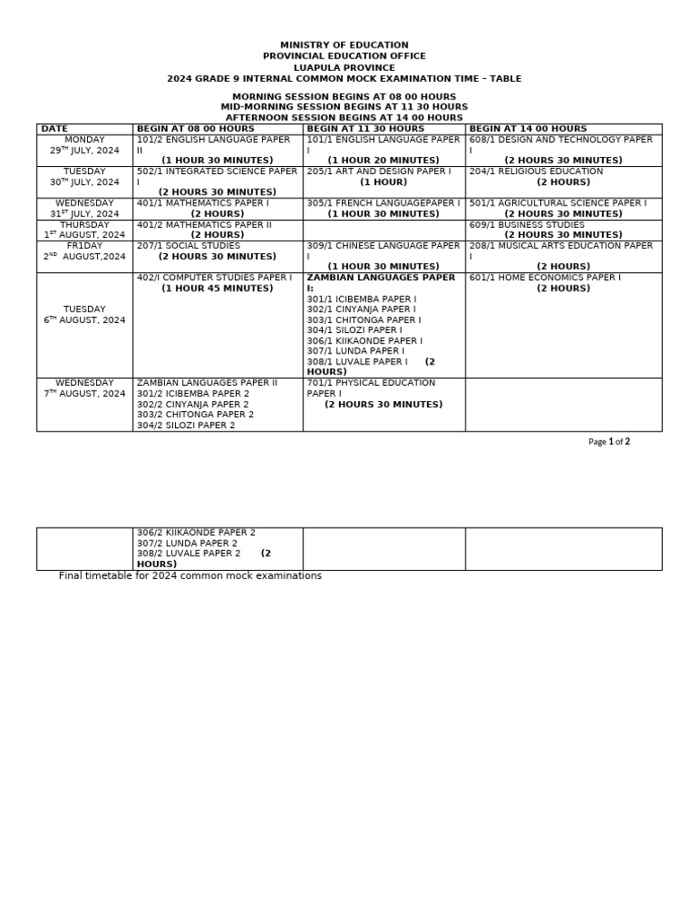 Grade 9 Internal Mock Exam Timetable 2024 | PDF