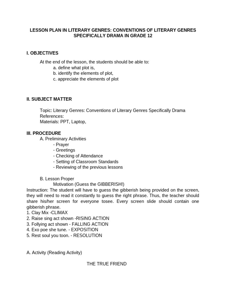Grade 12 Drama Plot Lesson Plan | PDF | Plot (Narrative)