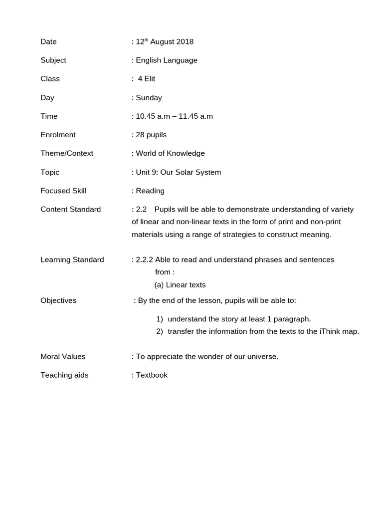 Lesson Plan Unit 9 - Reading | PDF | Teachers | Cognitive Science