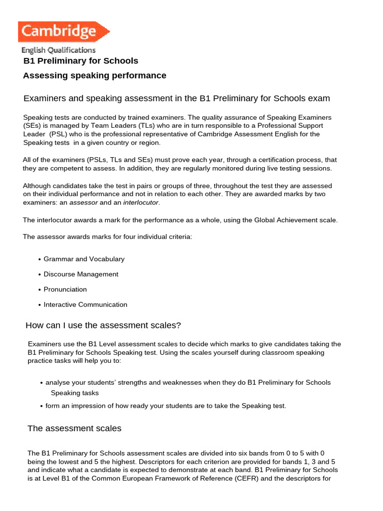 B1 Speaking Test Assessment Guide | PDF | Cognition | Human Communication