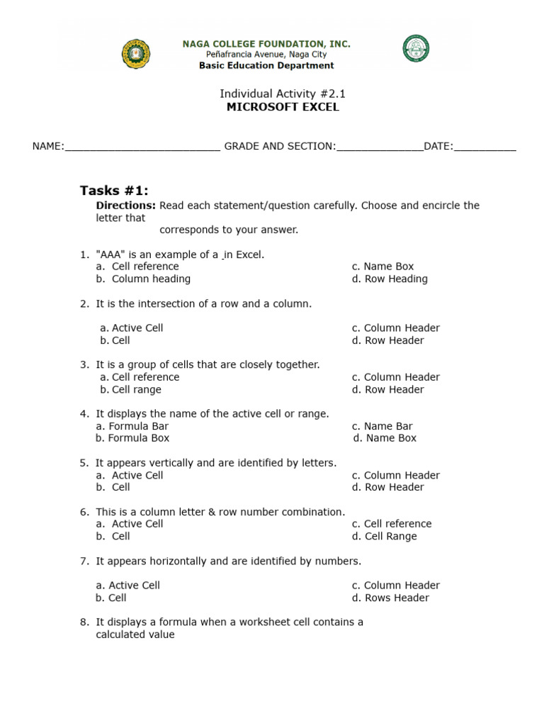 Excel Basics: Quiz on Functions and Terms | PDF | Microsoft Excel ...