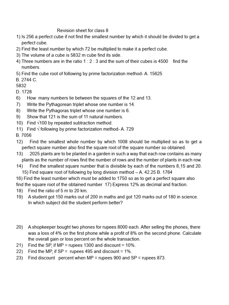 Class 8 Math Revision Worksheet | PDF | Numbers | Value Added Tax