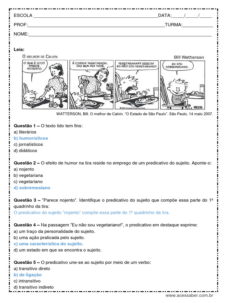 Atividade-de-portugues-Predicativo-do-sujeito-7º-ano-Respostas | PDF