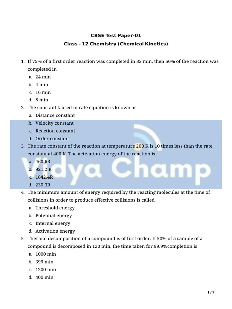 Class 12 Chemical Kinetics Test Paper | PDF | Reaction Rate | Chemical ...