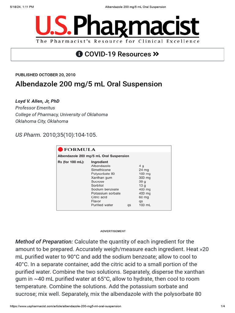 Albendazole 200 mg/5 mL Suspension Guide | PDF | Sucrose | Ethanol