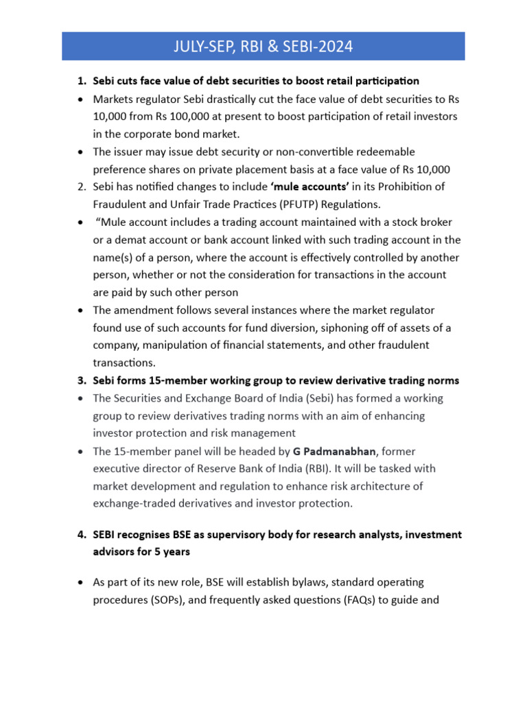 RBI & SEBI Updates: July-September 2024 | PDF | Reserve Bank Of India ...