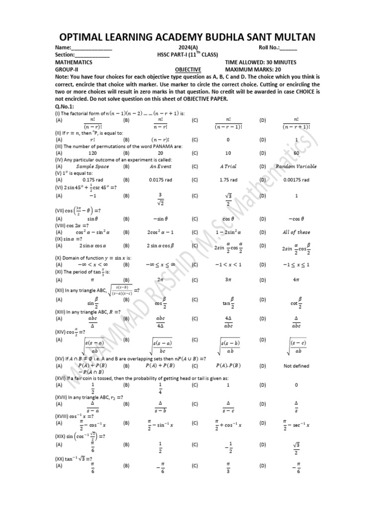 HSSC 11th Class Mathematics Exam Paper | PDF | Mathematical Objects ...