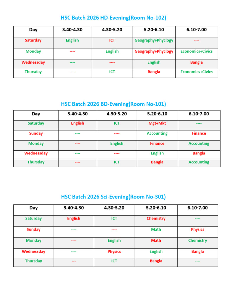 HSC Batch 2026 Class Schedule Overview | PDF