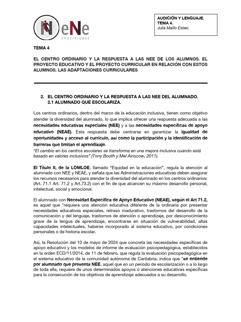 Atención a NEE en Educación Inclusiva | PDF | Plan de estudios ...