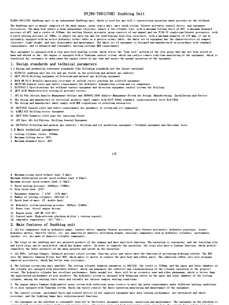 DYJ80-70D Snubbing Unit Specifications | PDF | Mechanical Engineering ...