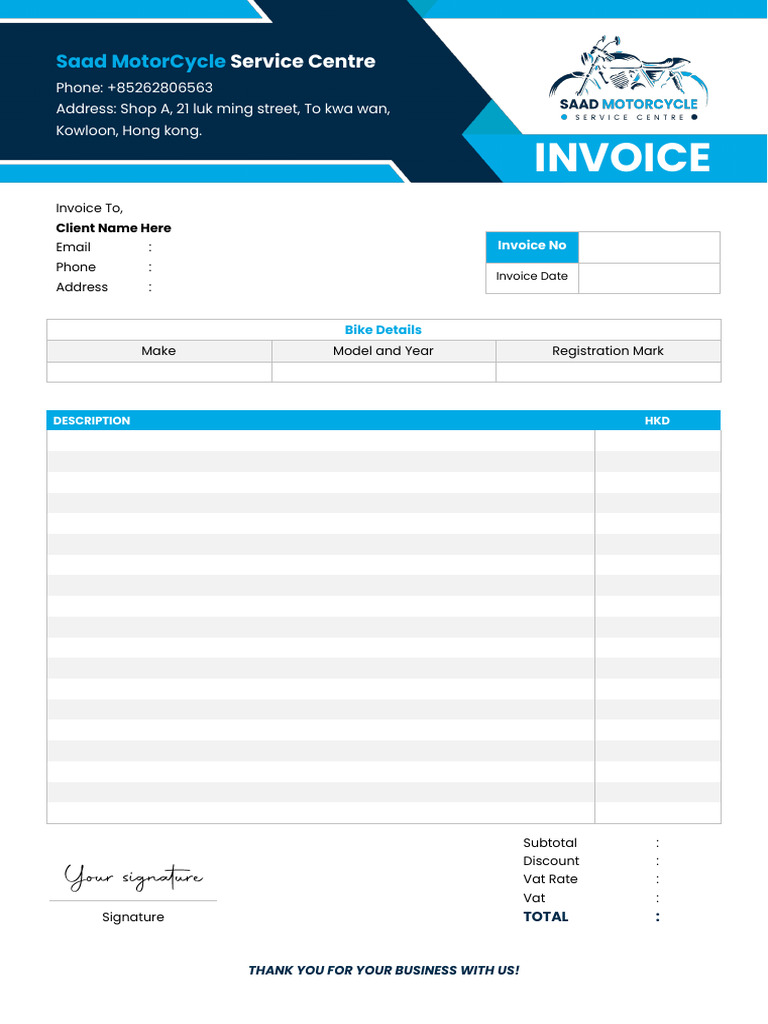 Motorcycle Service Invoice Template | PDF