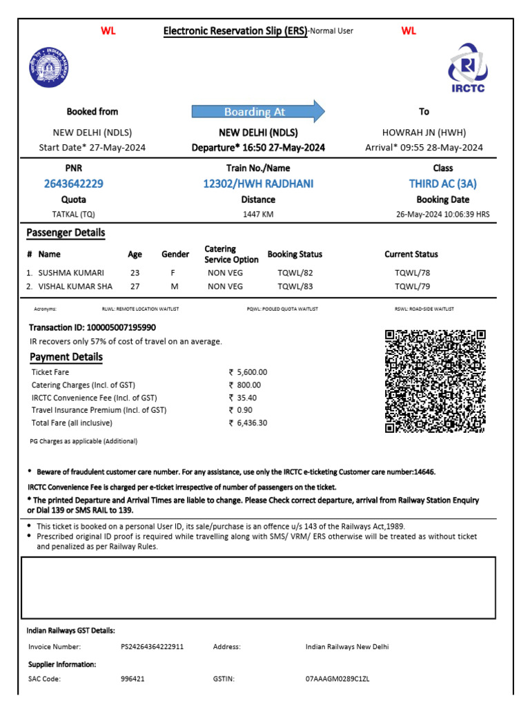 12302/HWH RAJDHANI Third Ac (3A) : WL WL | PDF | Identity Document