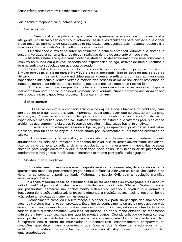 Senso Crítico, Comum e Conhecimento Científico | PDF | Science ...
