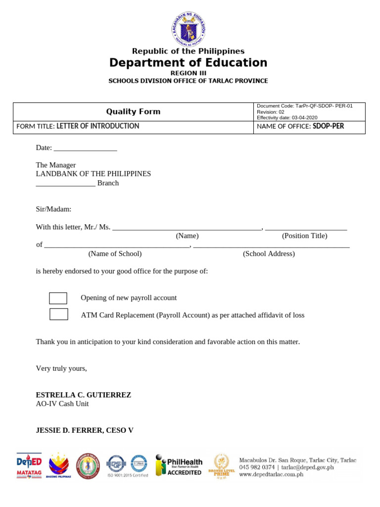 Landbank Payroll Account Introduction Letter | PDF | Banking ...