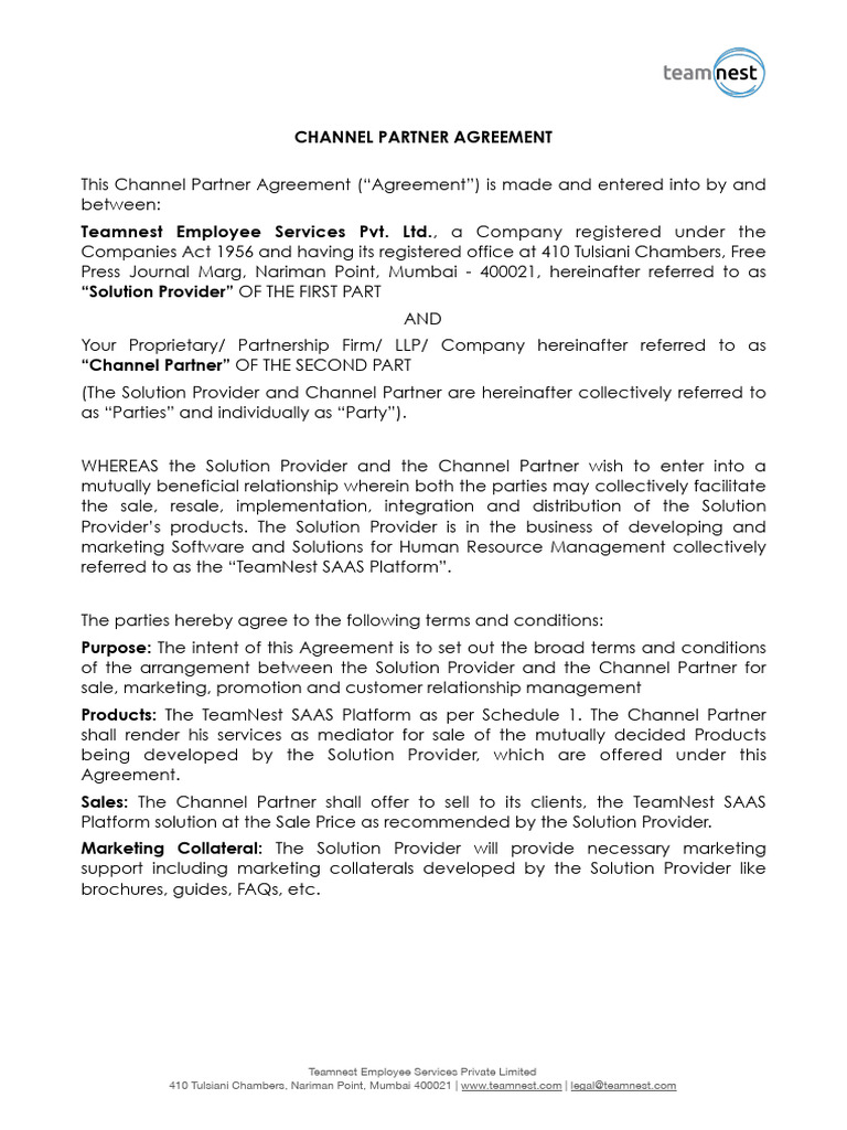 Teamnest Channel Partner Agreement | PDF | Business Law | Business