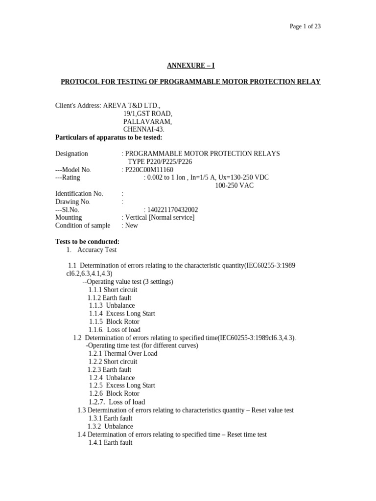 Motor Protection Relay Testing Protocol | PDF | Relay | Electrical ...