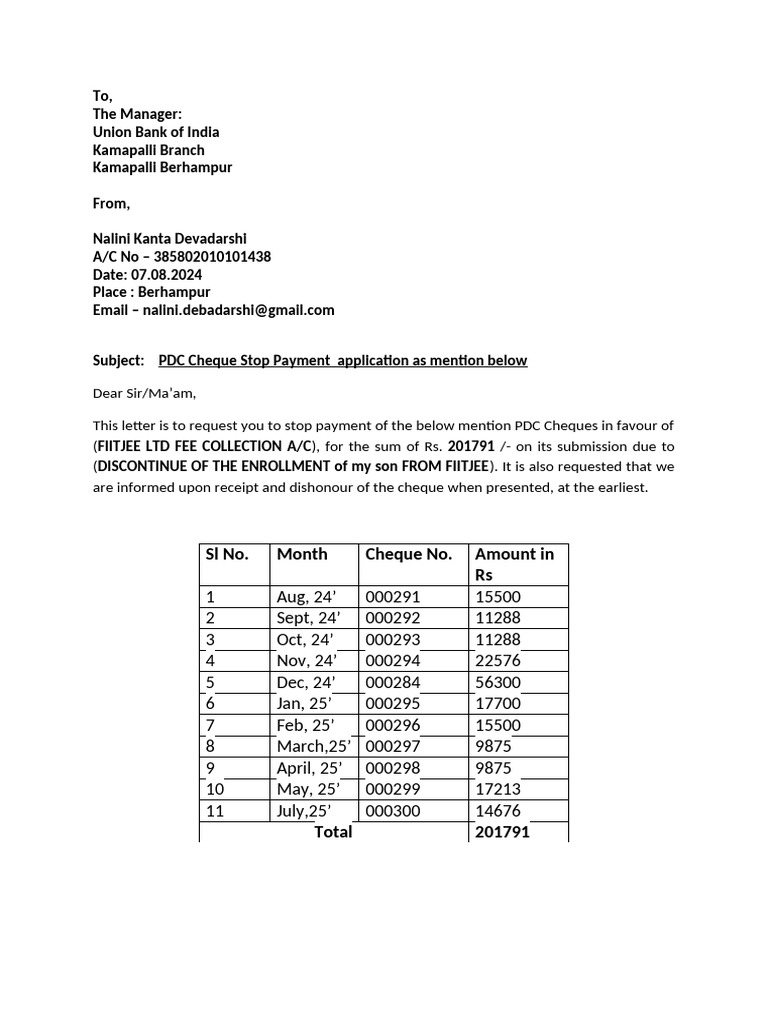 Application to stop payment pdf