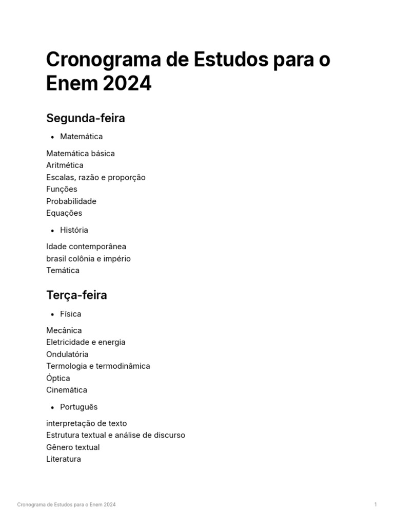Cronograma de Estudos Enem 2024 | PDF | Tecnologia e Engenharia