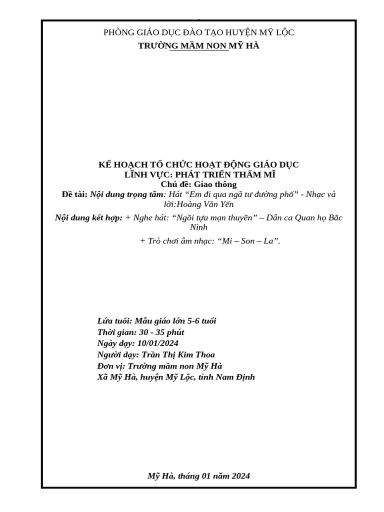 GIÁO ÁN ÂM NHẠC THOA CHUẨN 2024 | PDF
