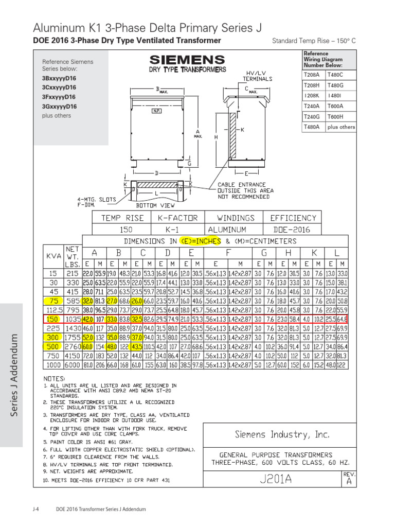 Transformer Weight and Dimension DTTs DOE 2016 Type J 150 Deg C Rise | PDF